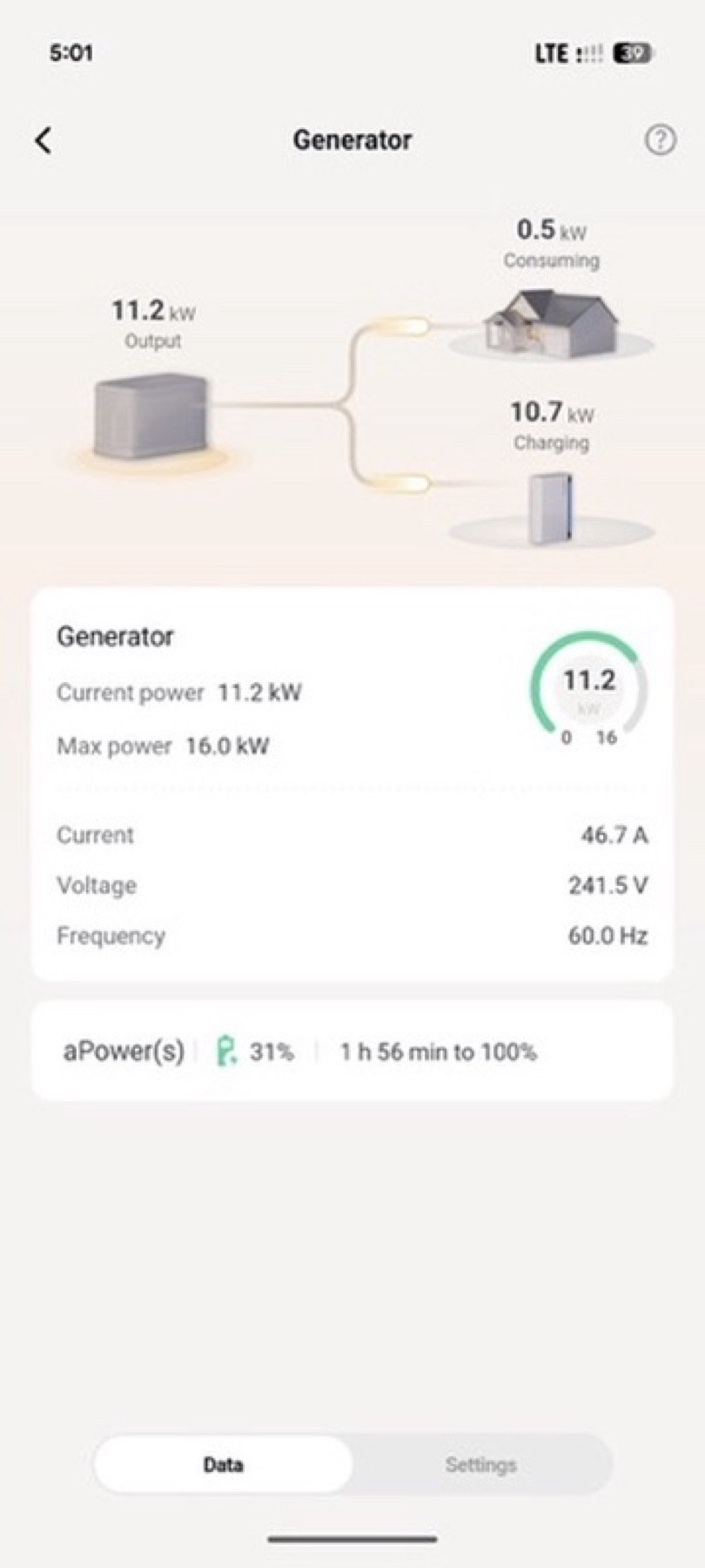 FranklinWH app showing generator power charging the batteries